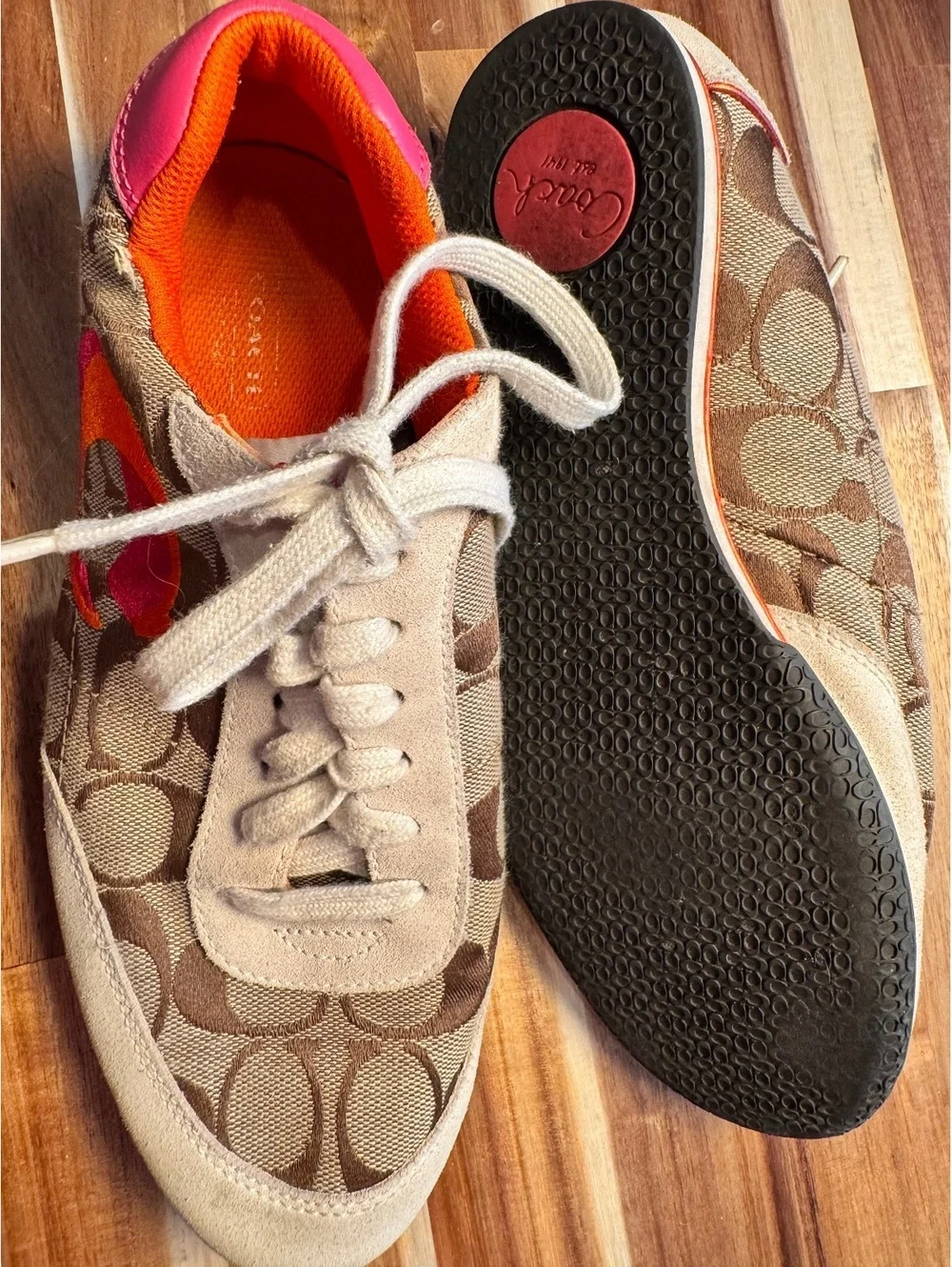 Coach Perrie A1029 Signature C Sneakers Women’s 8M Beige Pink Orange Lace Up